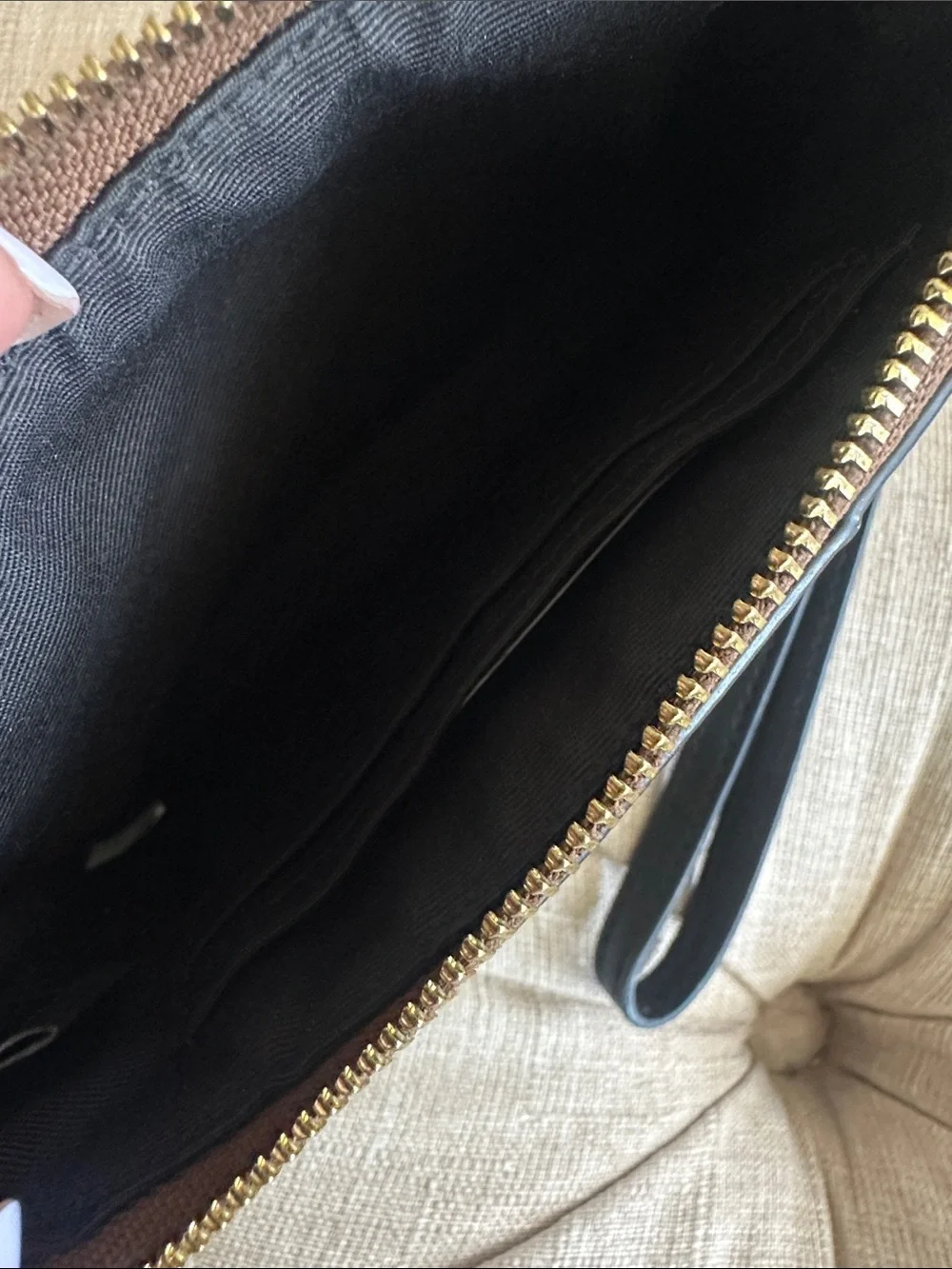 Coach Brown Signature Canvas Wristlet with Black Leather Accent